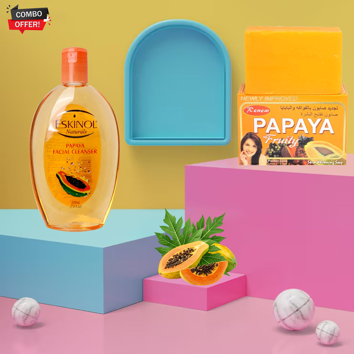 Papaya Glow Duo Combo Pack - Eskinol Naturals Papaya Facial Cleanser (225ml) + Renew Papaya Fruity Soap (135g)