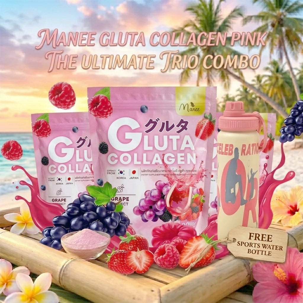 Manee Gluta Collagen Pink – 3 Pcs Combo + FREE Sports Water Bottle
