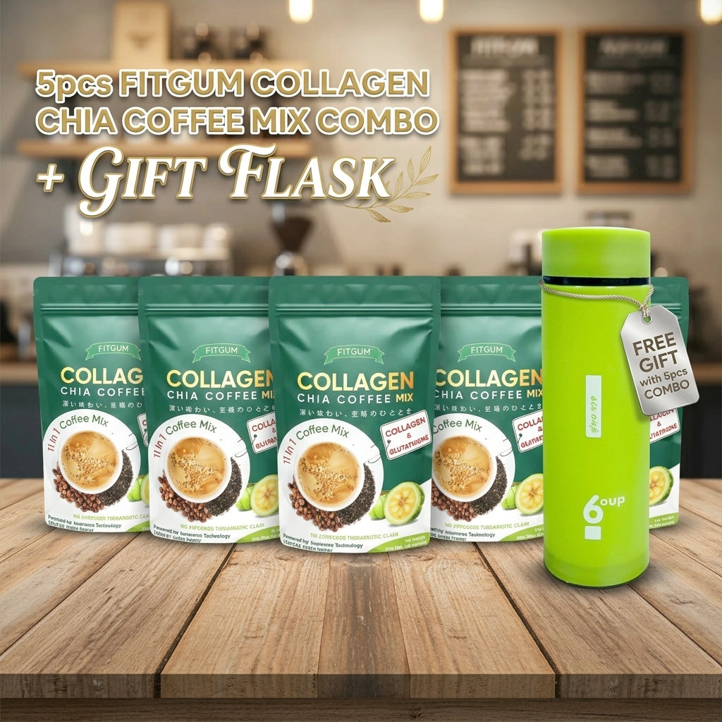 Fitgum Collagen Chia 11-in-1 Shape Coffee Mix - 5 Pcs Combo Pack + FREE Glass Water Bottle