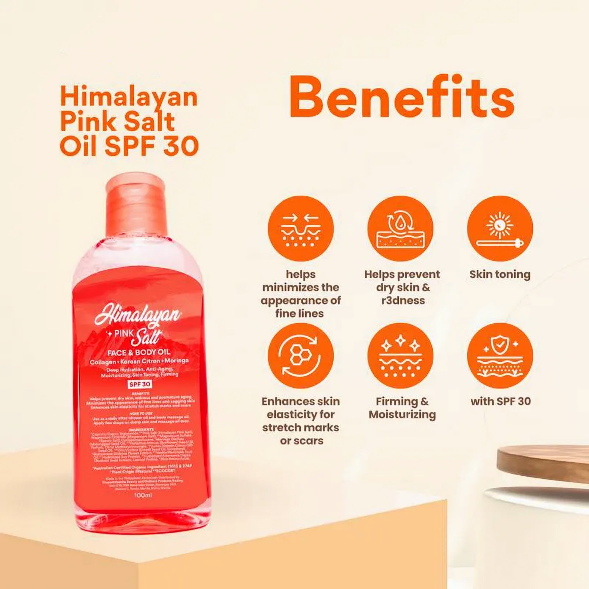 Bonita Himalayan Pink Salt Face & Body Oil with SPF 30 – Multi-Use Nourishing Oil (100ml)