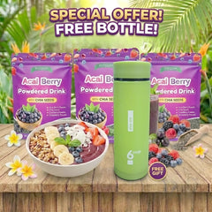Fitgum Acai Berry Powdered Drink with Chia Seeds – 40g (3 Pcs Combo) + FREE Glass Water Bottle