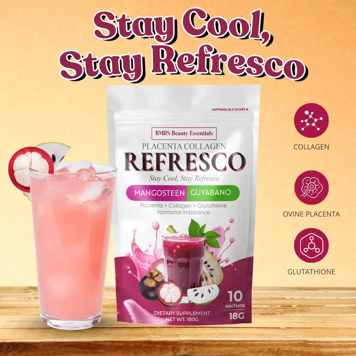 BMRS Beauty Essentials Placenta Collagen Refresco – Mangosteen Guyabano (10 × 18g)