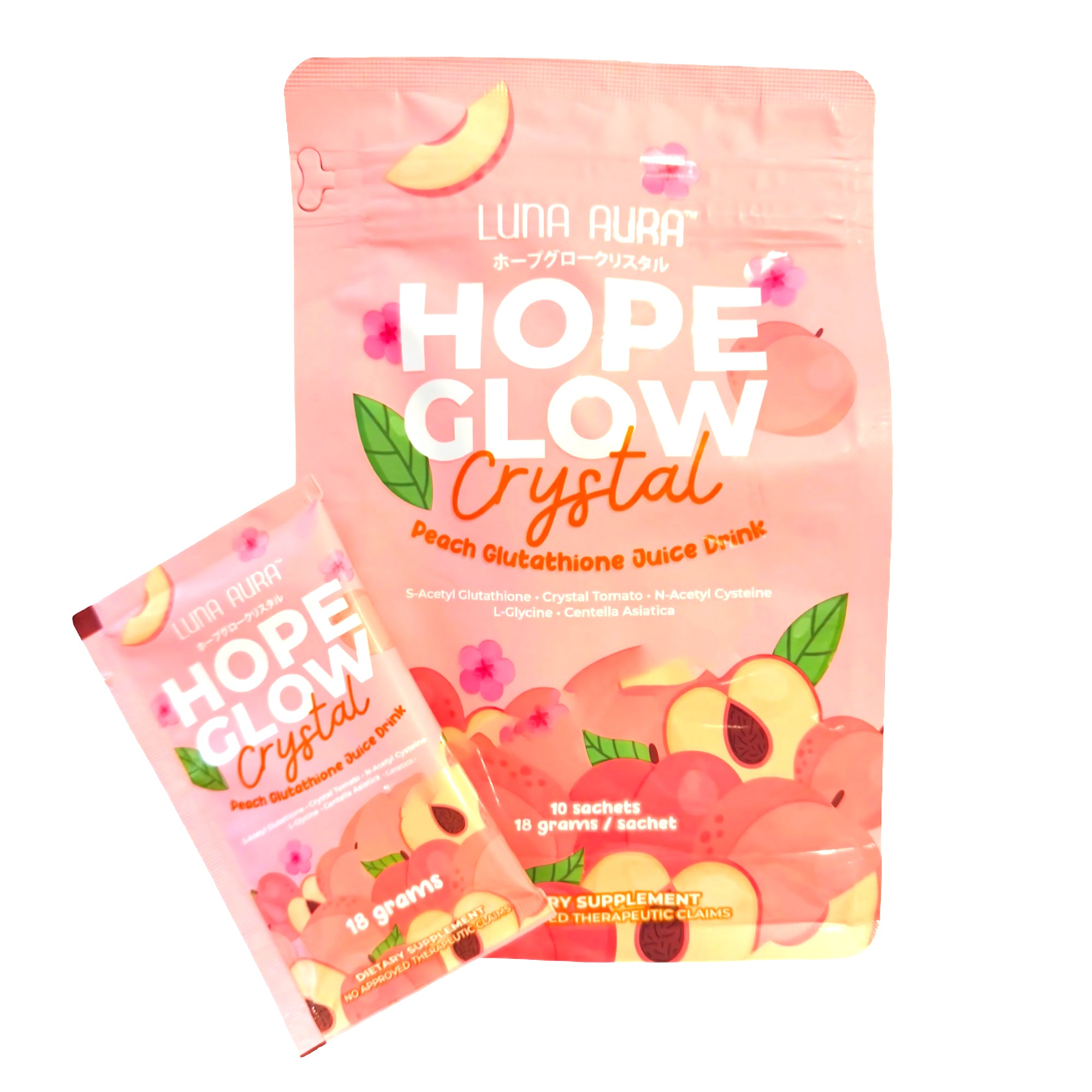 Luna Aura Hope Glow Crystal Peach Glutathione Juice Drink – 10 Sachets (18g each)