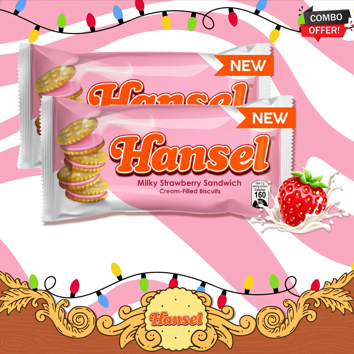 Hansel Sandwich Biscuits – Milky Strawberry Cream | 10 Pieces (310g) – Combo Pack