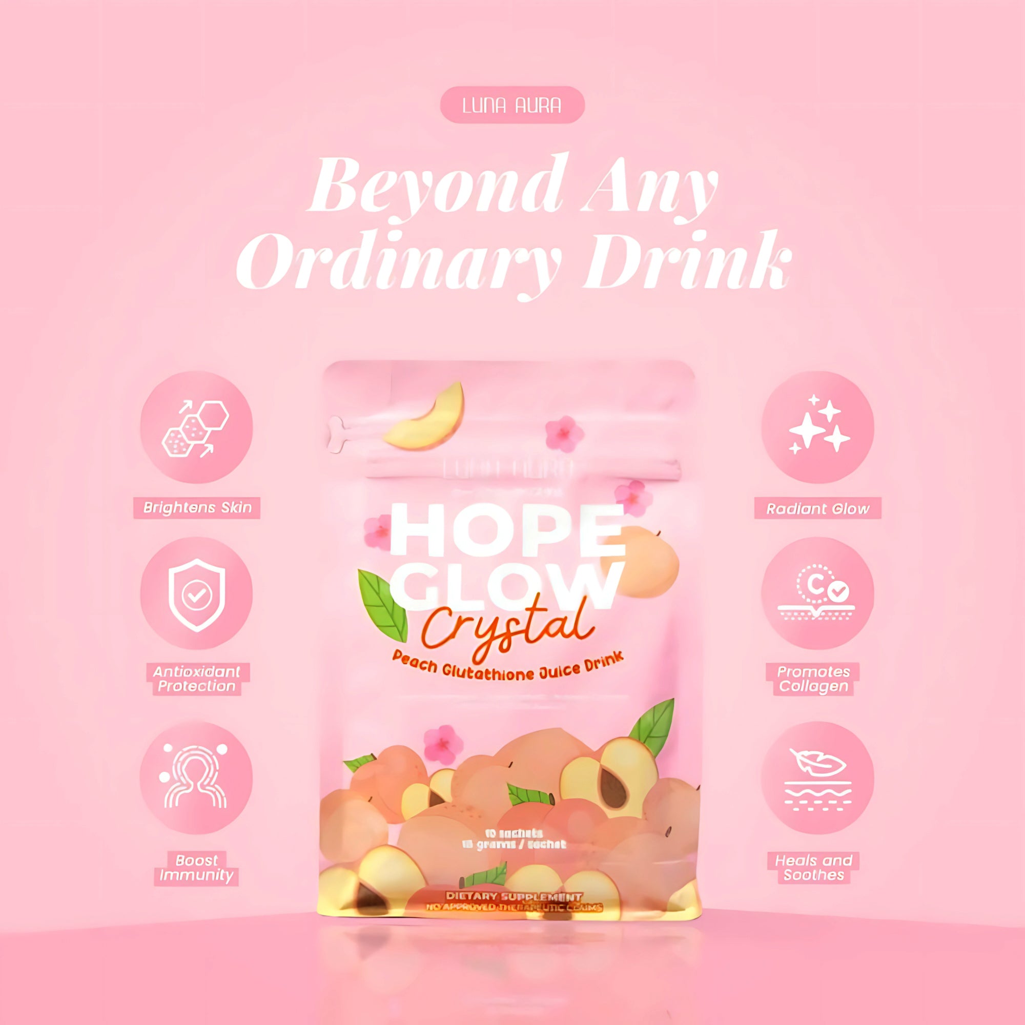 Luna Aura Hope Glow Crystal Peach Glutathione Juice Drink – 10 Sachets (18g each)