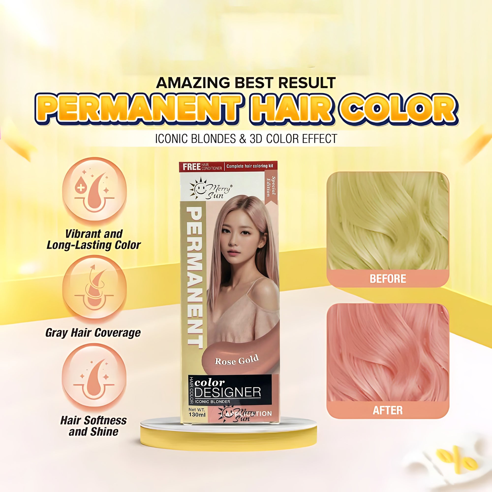 MerrySun Permanent Hair Color – Rose Gold (Complete Coloring Kit, 130ml)