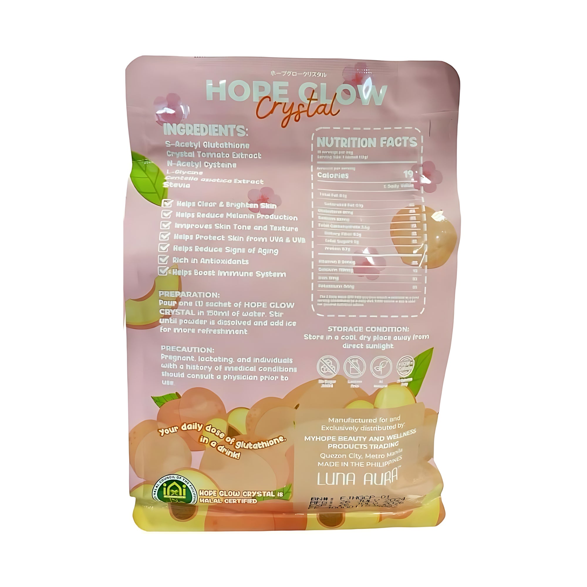 Luna Aura Hope Glow Crystal Peach Glutathione Juice Drink – 10 Sachets (18g each)