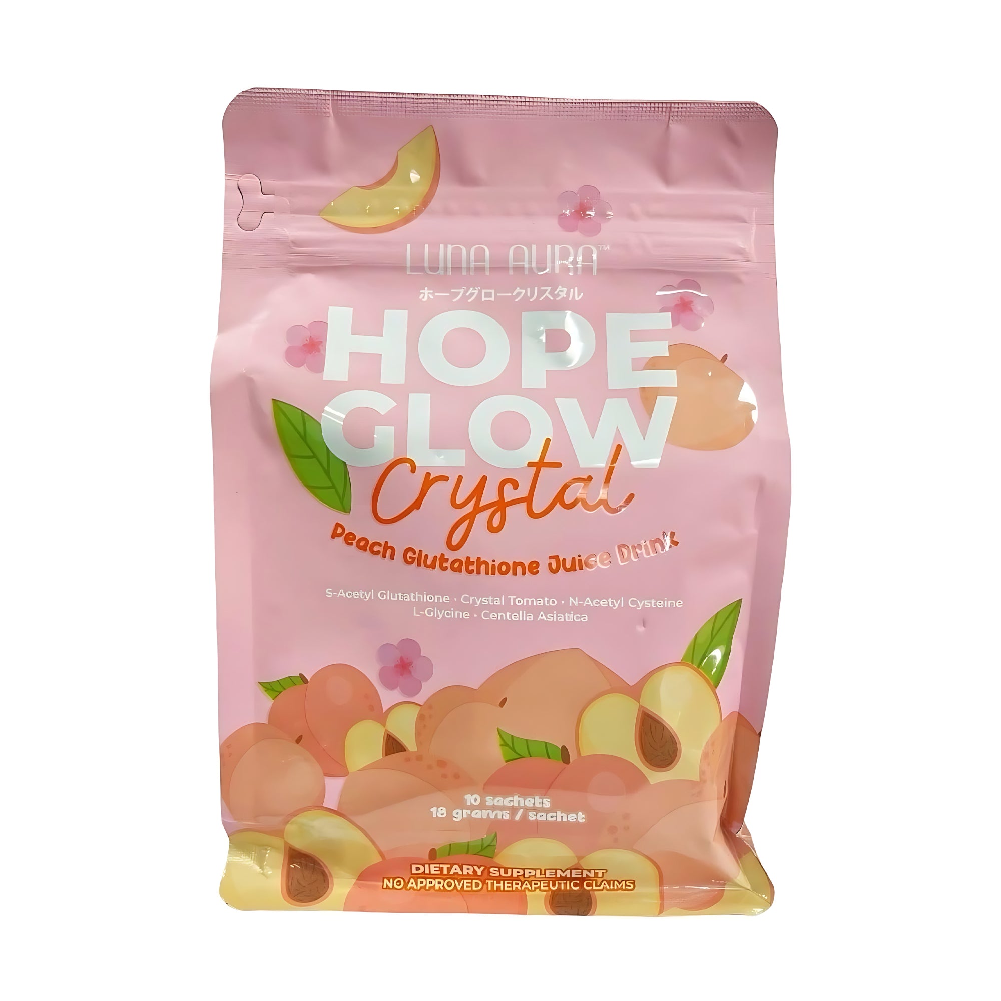 Luna Aura Hope Glow Crystal Peach Glutathione Juice Drink – 10 Sachets (18g each)