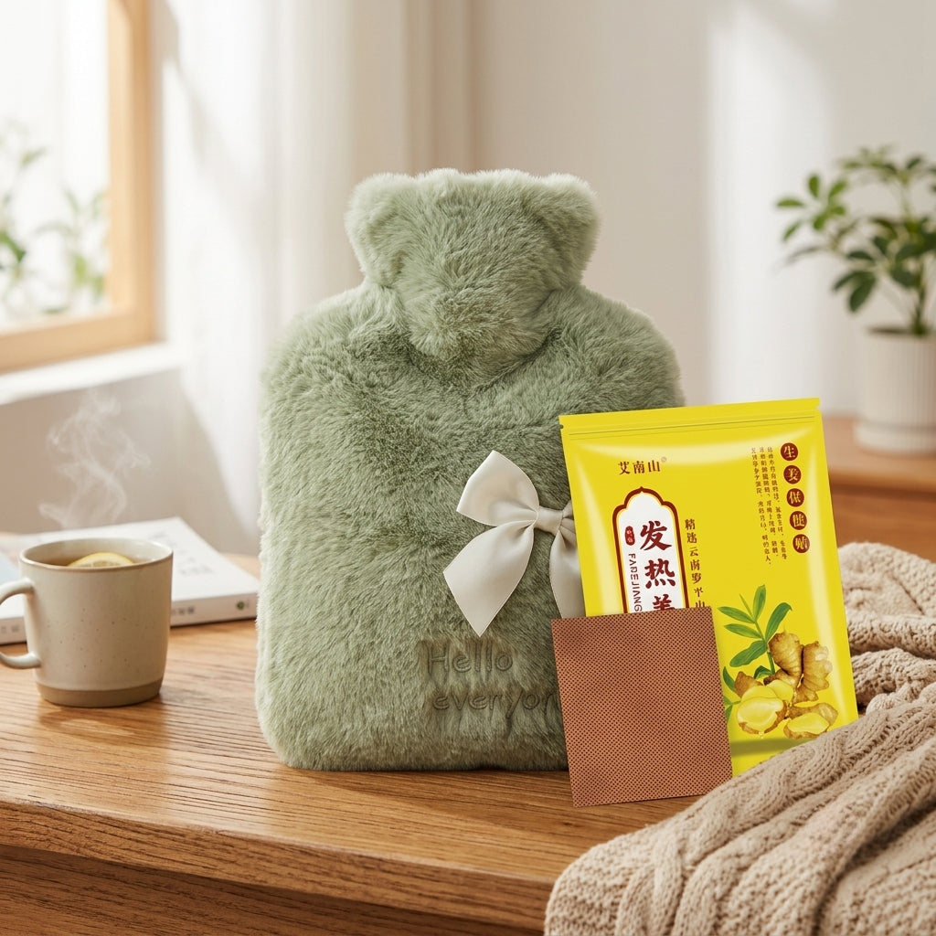 FAREJIANGTIE Pain Relief Ginger Patches (100pcs) + Wispoe Soft Fur Hot Water Bottle Combo