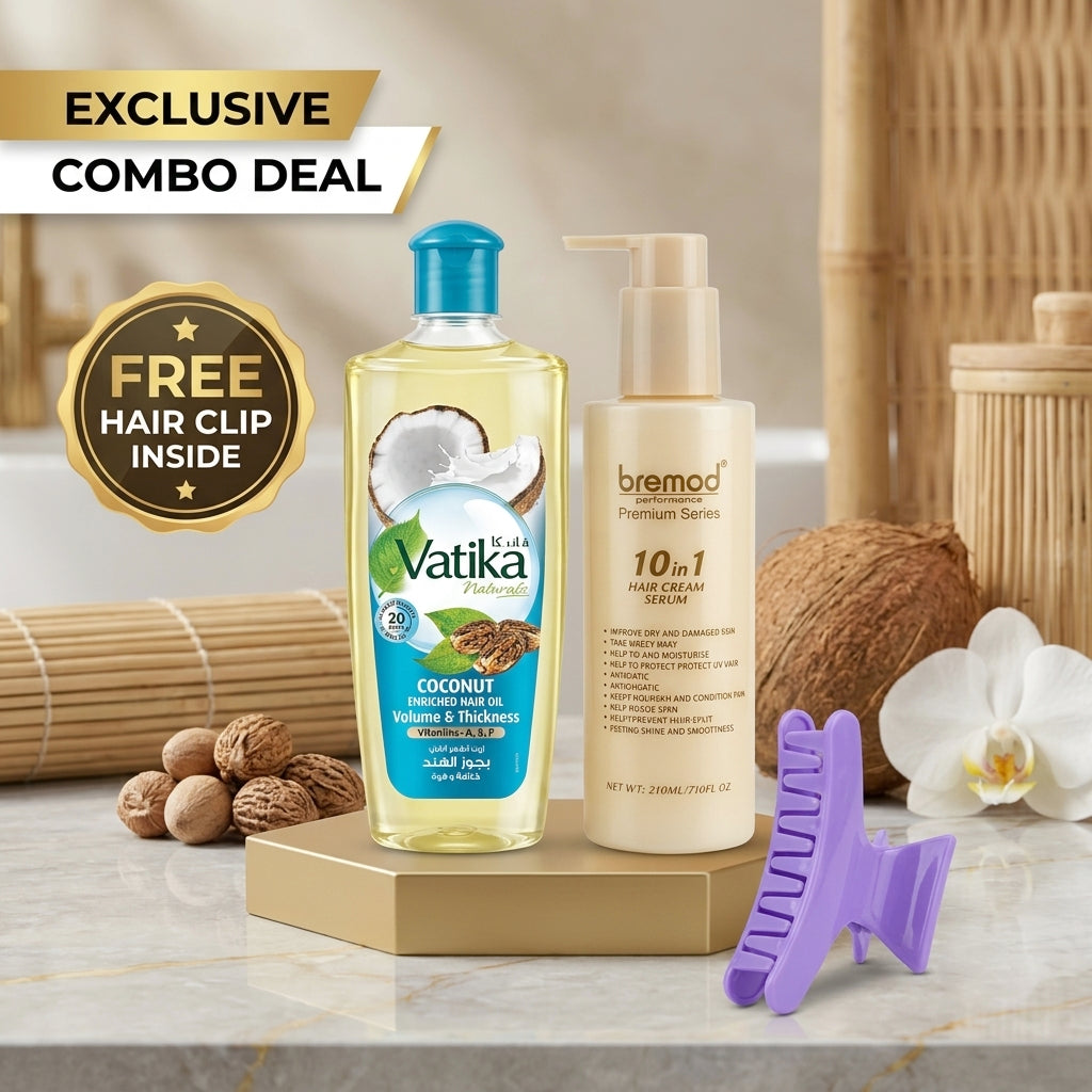 Vatika Naturals Coconut Enriched Hair Oil (300ml) + Bremod 10 in 1 Hair Cream Serum (210ml) Combo + FREE Hair Clip