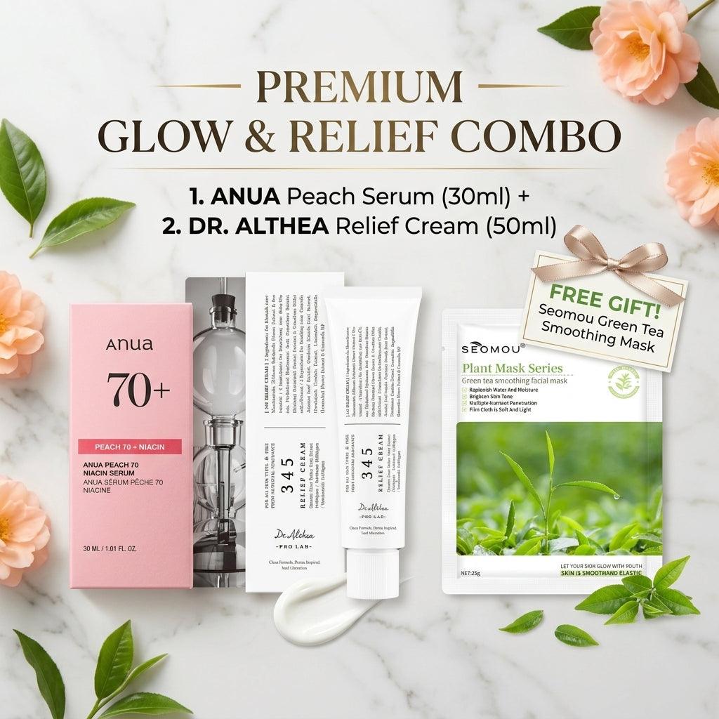 ANUA Peach 70% Niacinamide Serum 30ml + DR. ALTHEA 345 Relief Cream 50ml (COMBO) + FREE SEOMOU Green Tea Plant Facial Mask