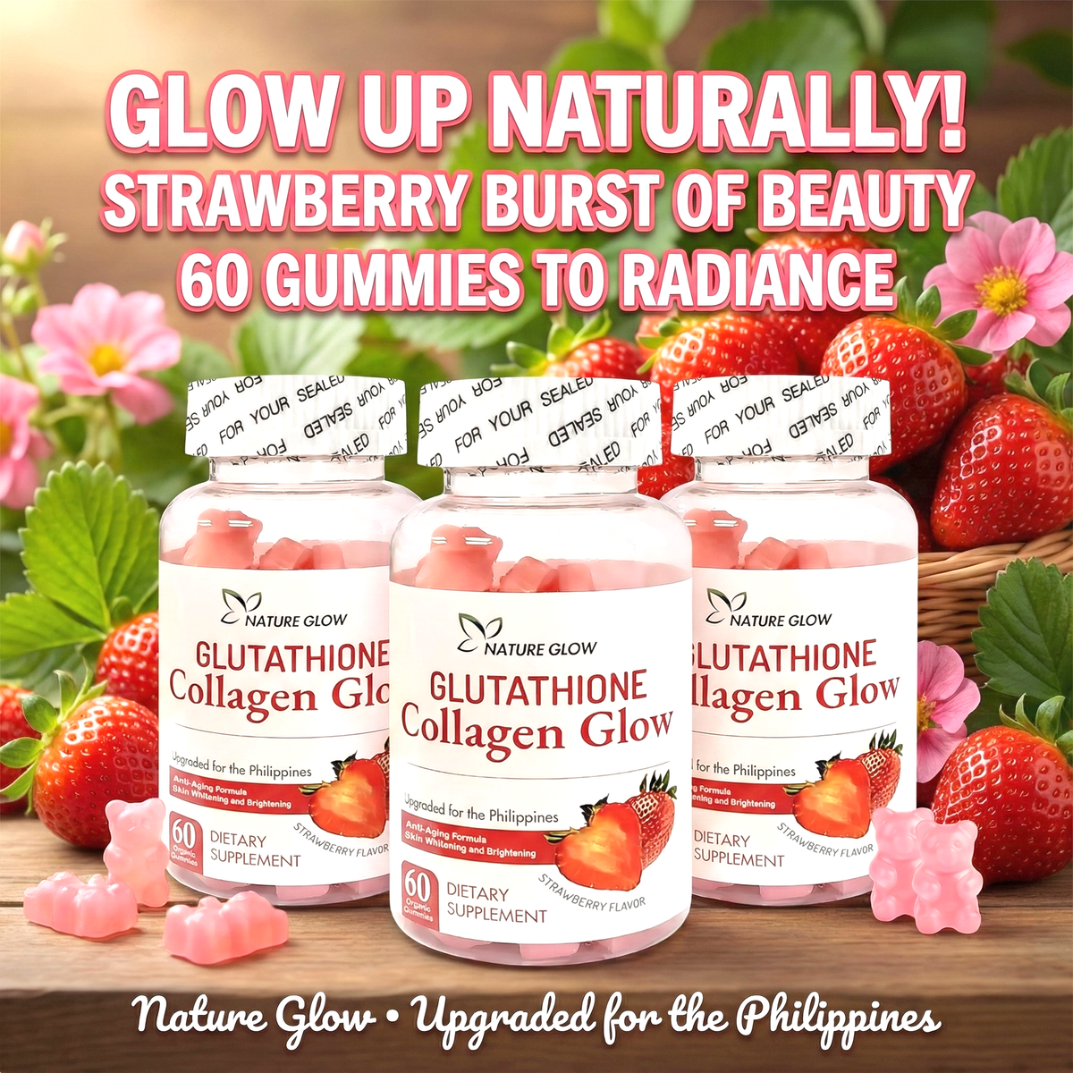 Nature Glow Glutathione Collagen Glow Strawberry Gummies – 3pcs Combo Pack (60 Gummies each)