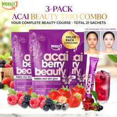 Weekit7 Acai Berry Glowing Beauty Powder – 3 PCS Combo (5g x 7 Sachets Each)