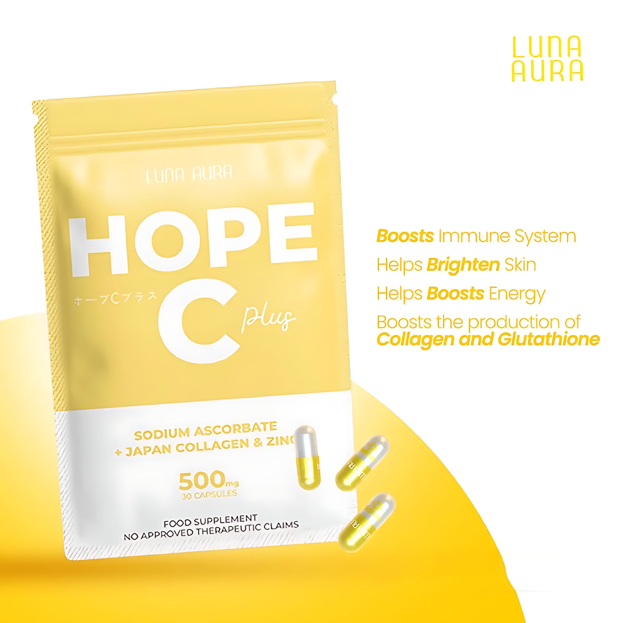 Luna Aura Hope C Plus – Sodium Ascorbate + Japan Collagen & Zinc (30 Capsules)