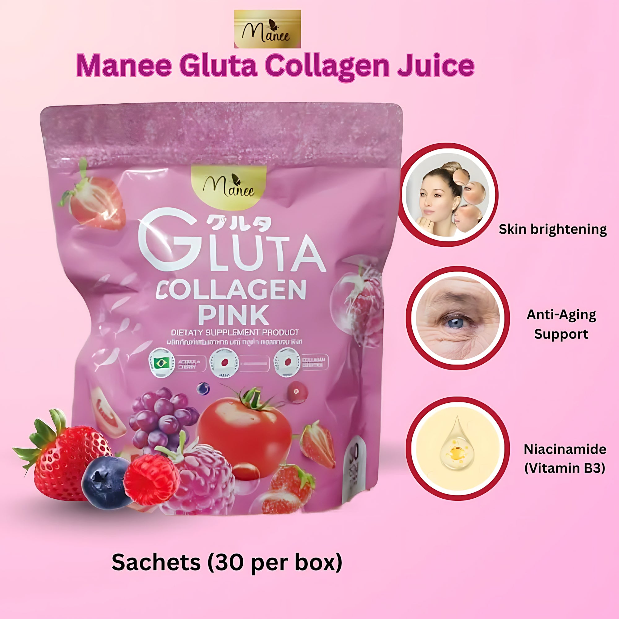 Manee Gluta Collagen Pink – 30 Sachets × 10g Each
