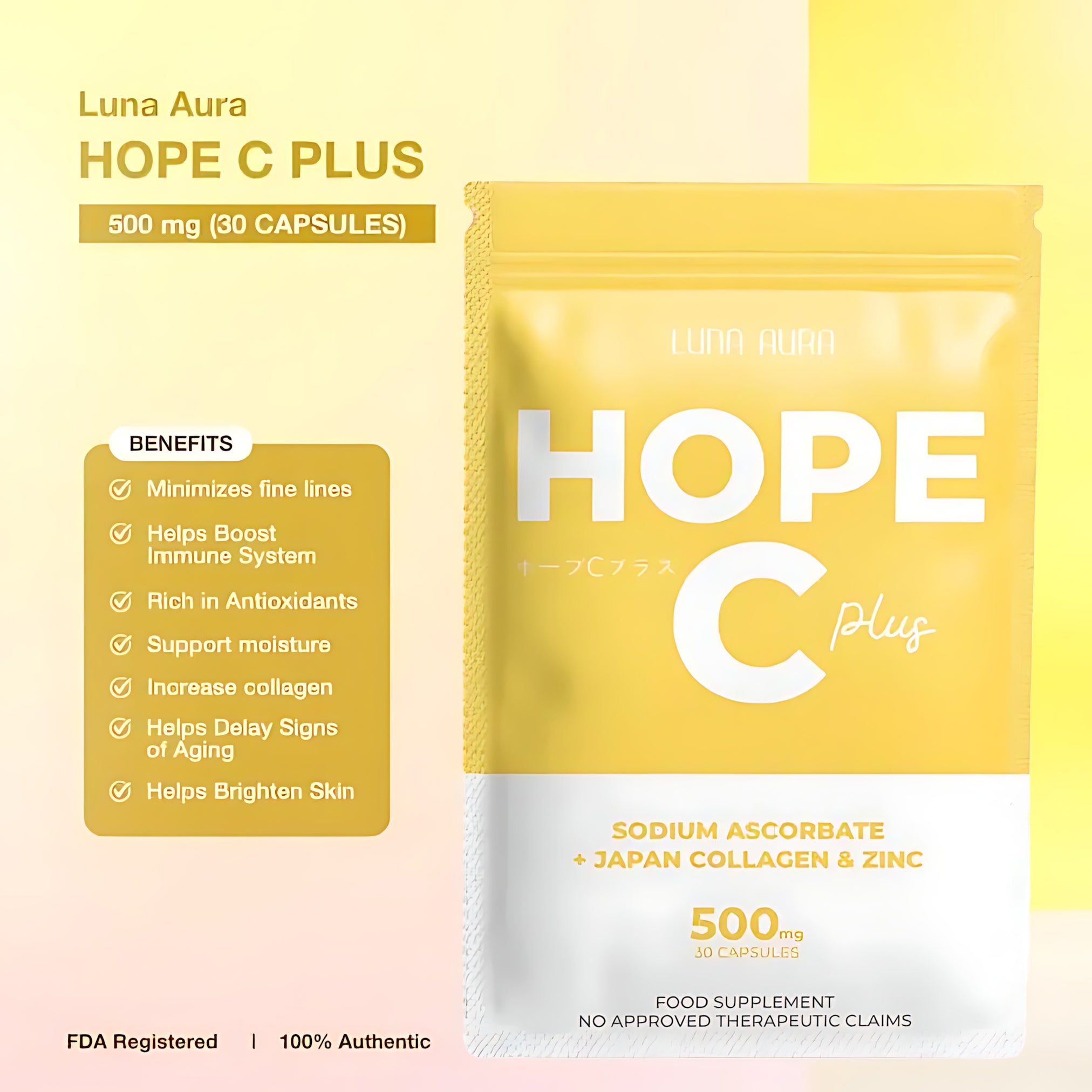 Luna Aura Hope C Plus – Sodium Ascorbate + Japan Collagen & Zinc (30 Capsules)
