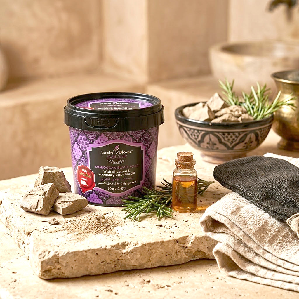 Jardin d Oleane 100% Natural Moroccan Black Soap with Ghassoul & Rosemary Essential Oil – 500g