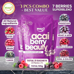 Weekit7 Acai Berry Glowing Beauty Powder – 3 PCS Combo (5g x 7 Sachets Each)