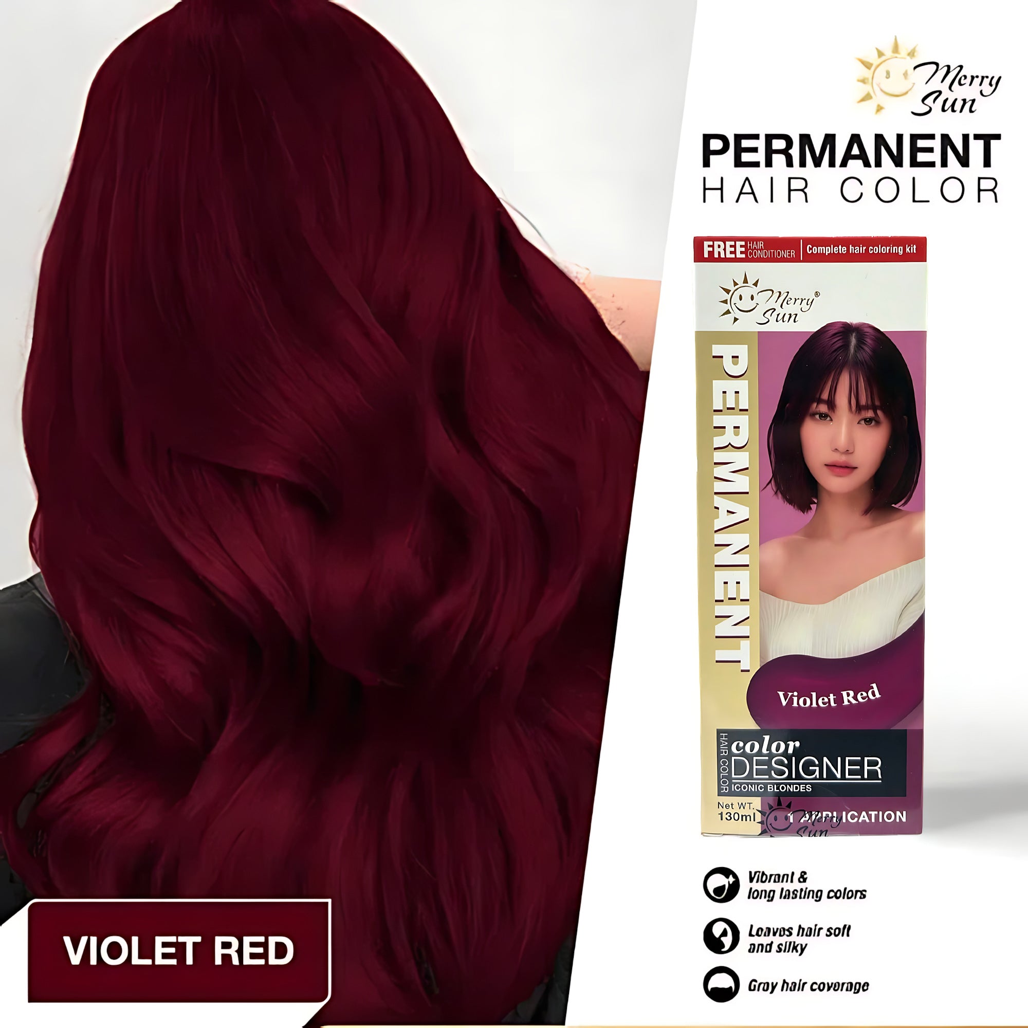 MerrySun Permanent Hair Color – Violet Red (Complete Hair Coloring Kit, 130mL)