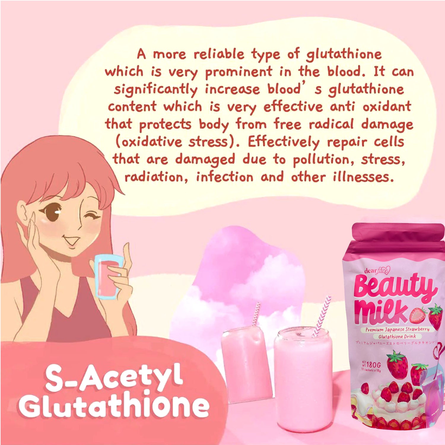 Dear Face Beauty Milk Premium Japanese Strawberry Drink - 180g