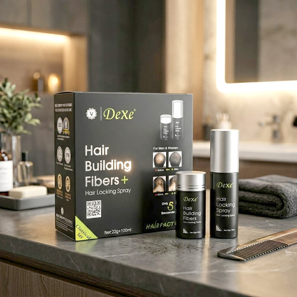 Dexe Hair Building Fibers Black 22g + Hair Locking Spray 100ml – Instant Hair Thickening Set