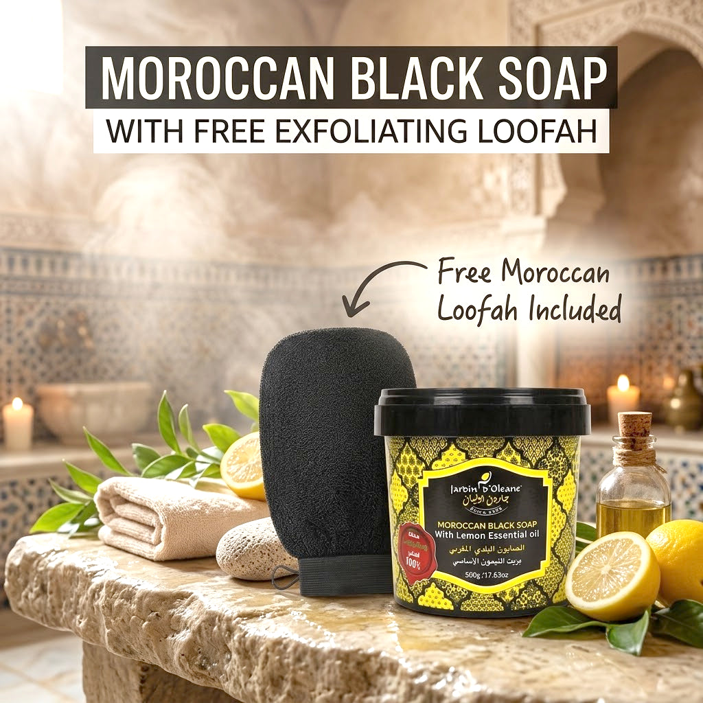 Jardin d Oleane 100% Natural Moroccan Black Soap with Lemon Essential Oil – 500g  + Free Moroccan Loofah