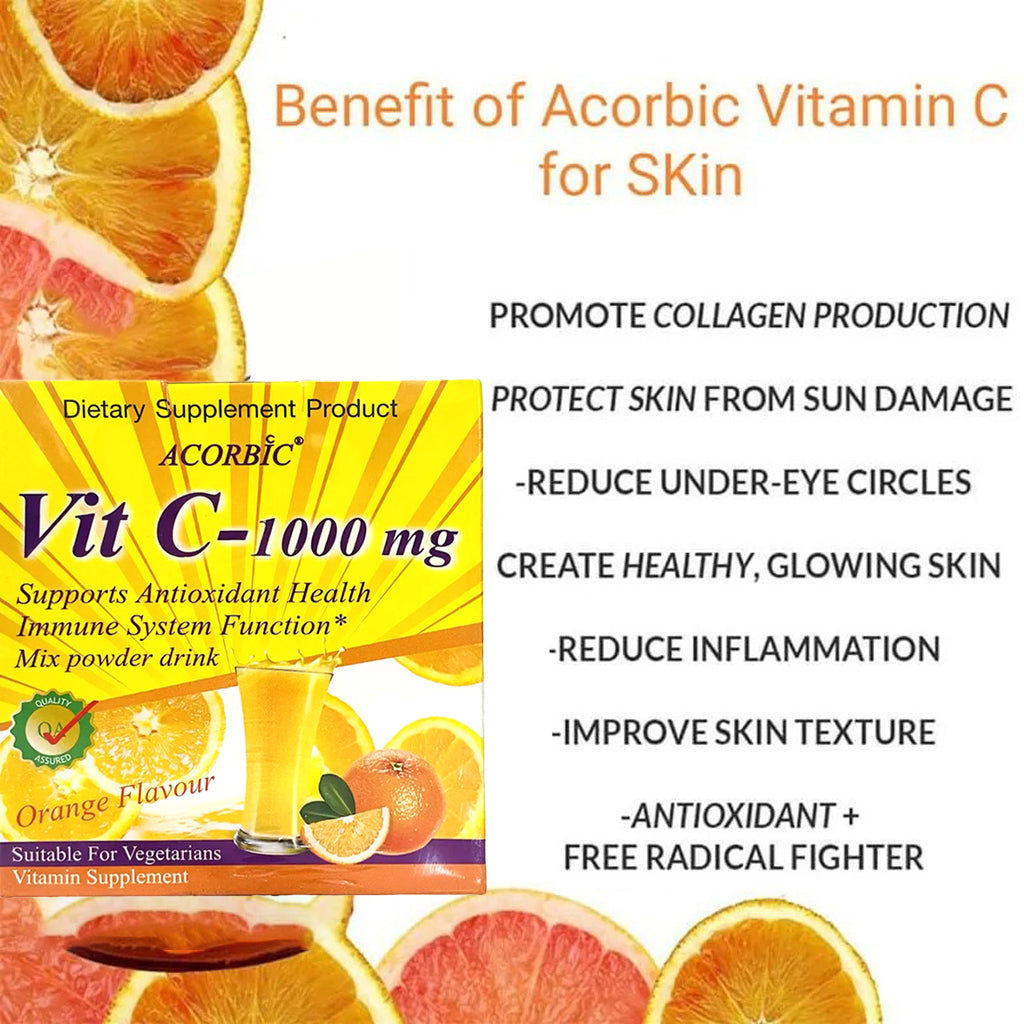 Acorbic Vit C – 1000mg Mix Powder Drink 12g x 10 Sachets - Orange Flavour