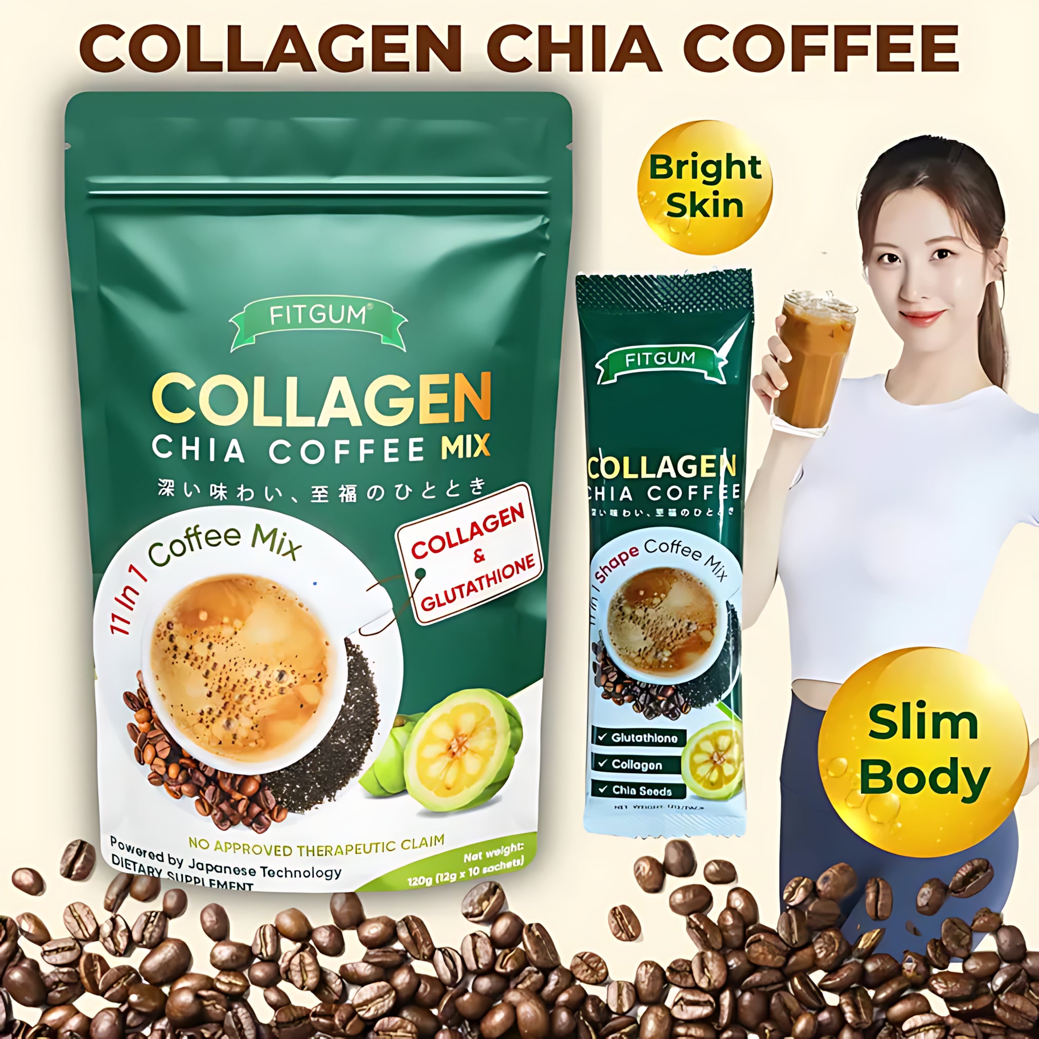 Fitgum Collagen Chia 11 in 1 Shape Coffee Mix – 12g x 10 Sachets