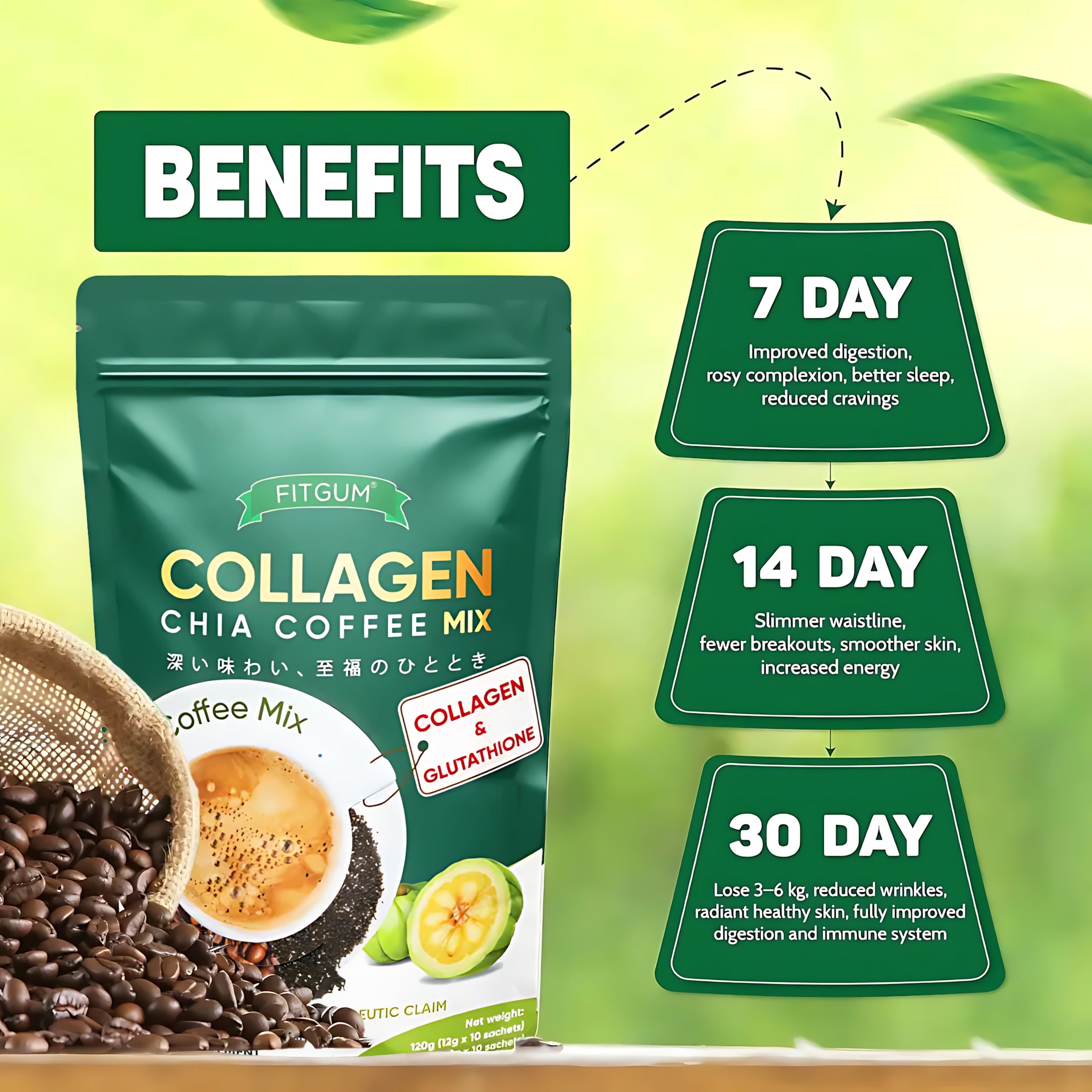 Fitgum Collagen Chia 11 in 1 Shape Coffee Mix – 12g x 10 Sachets