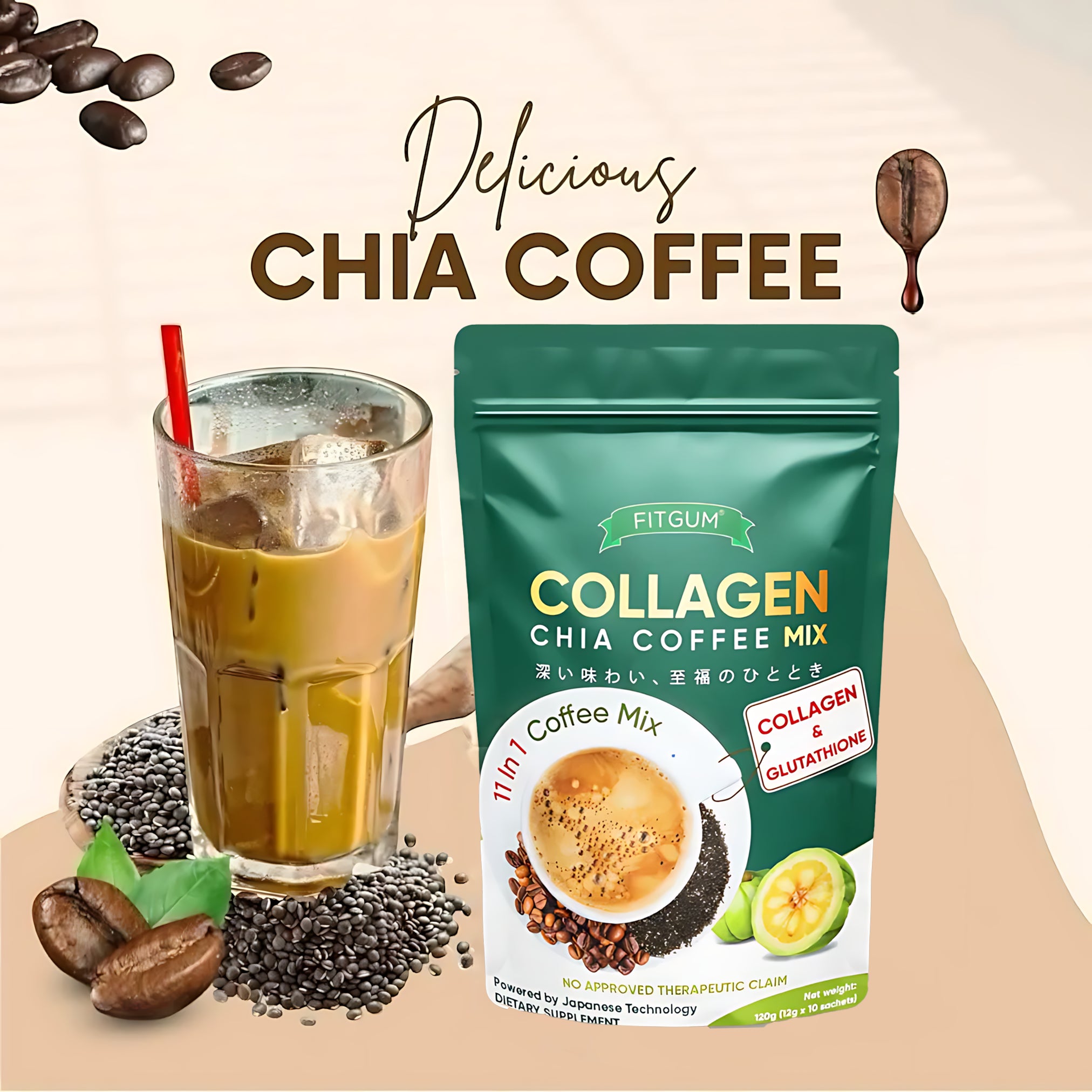 Fitgum Collagen Chia 11 in 1 Shape Coffee Mix – 12g x 10 Sachets