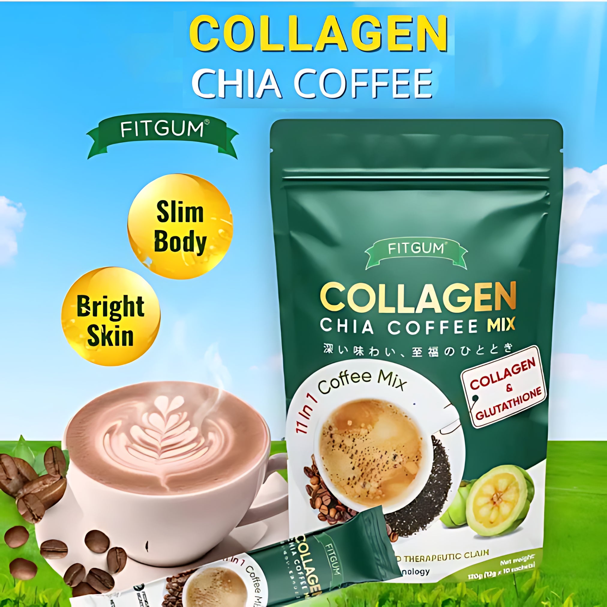 Fitgum Collagen Chia 11 in 1 Shape Coffee Mix – 12g x 10 Sachets