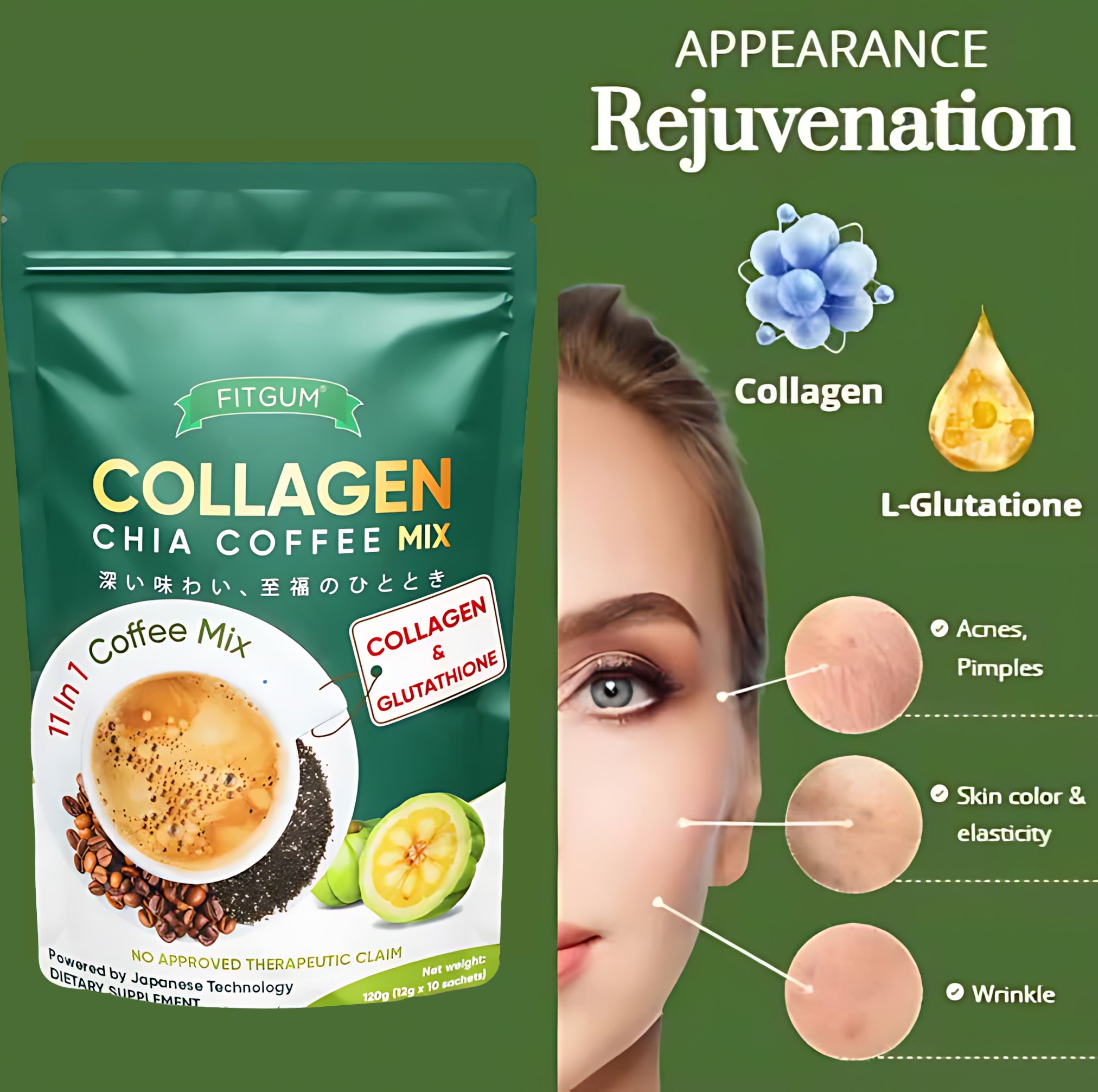 Fitgum Collagen Chia 11 in 1 Shape Coffee Mix – 12g x 10 Sachets