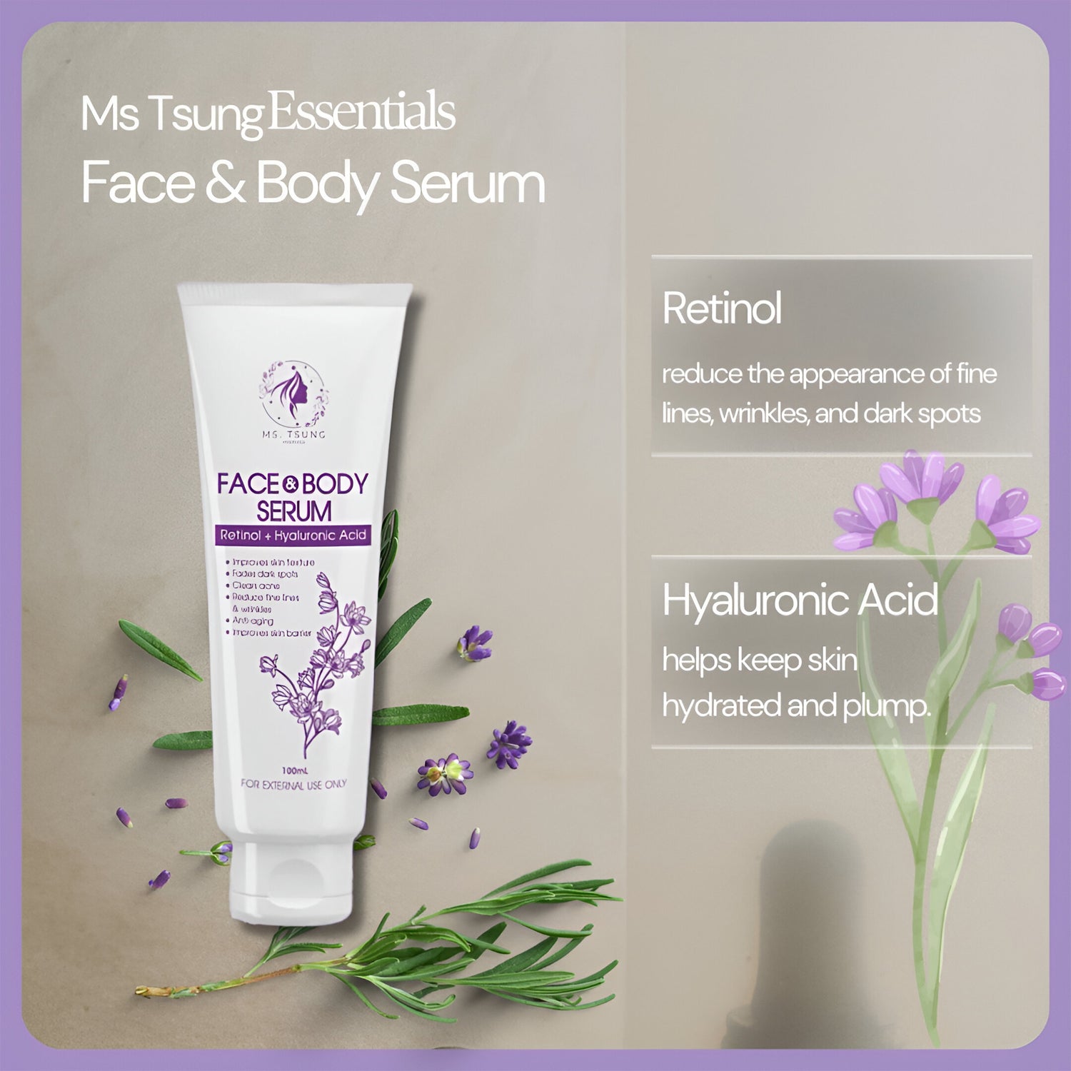Ms. Tsung Face & Body Serum: Retinol & Hyaluronic Acid – 100 ml