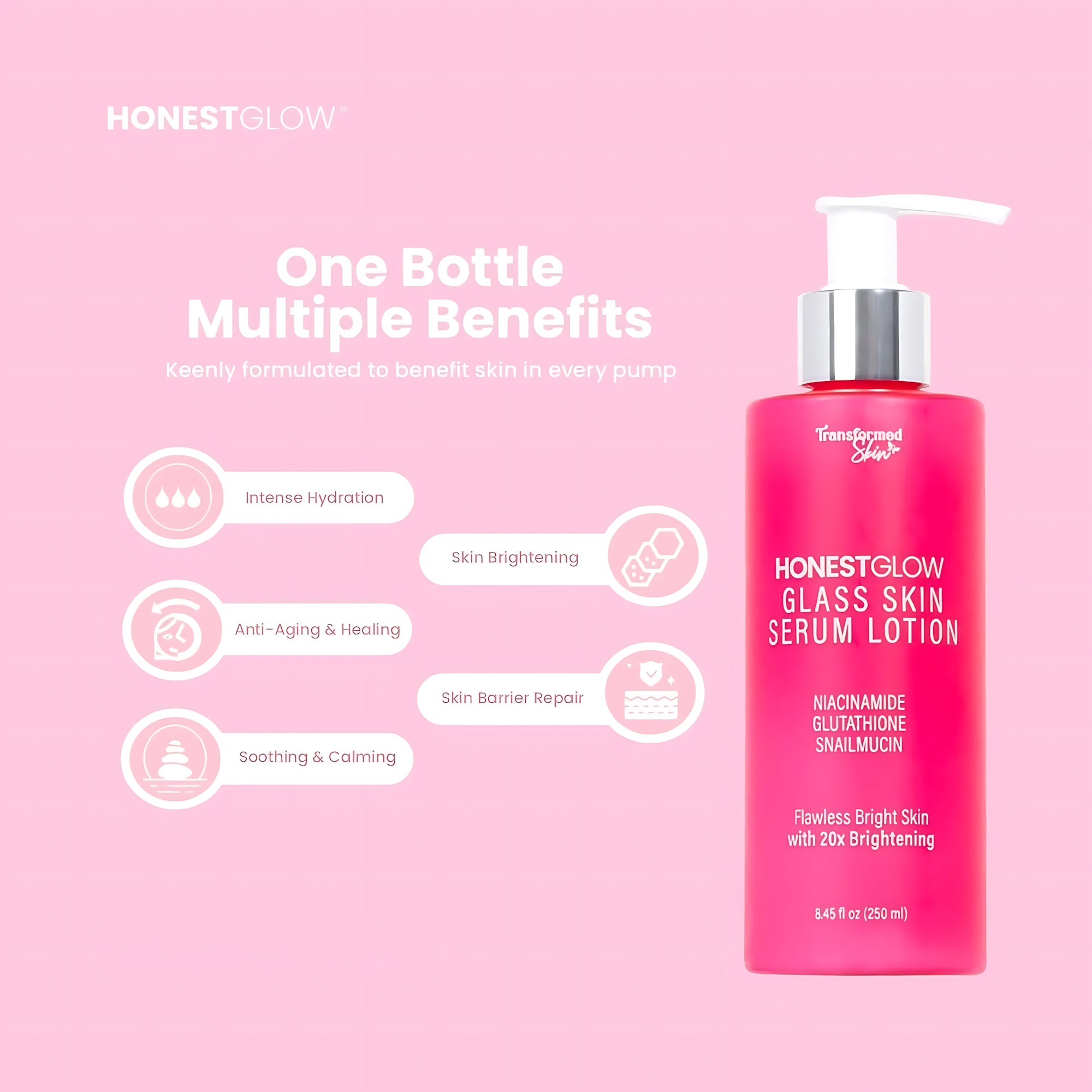 HONESTGLOW Glass Skin Serum Lotion – Niacinamide, Glutathione & Snail Mucin – SPF 50 PA+++(250ml)