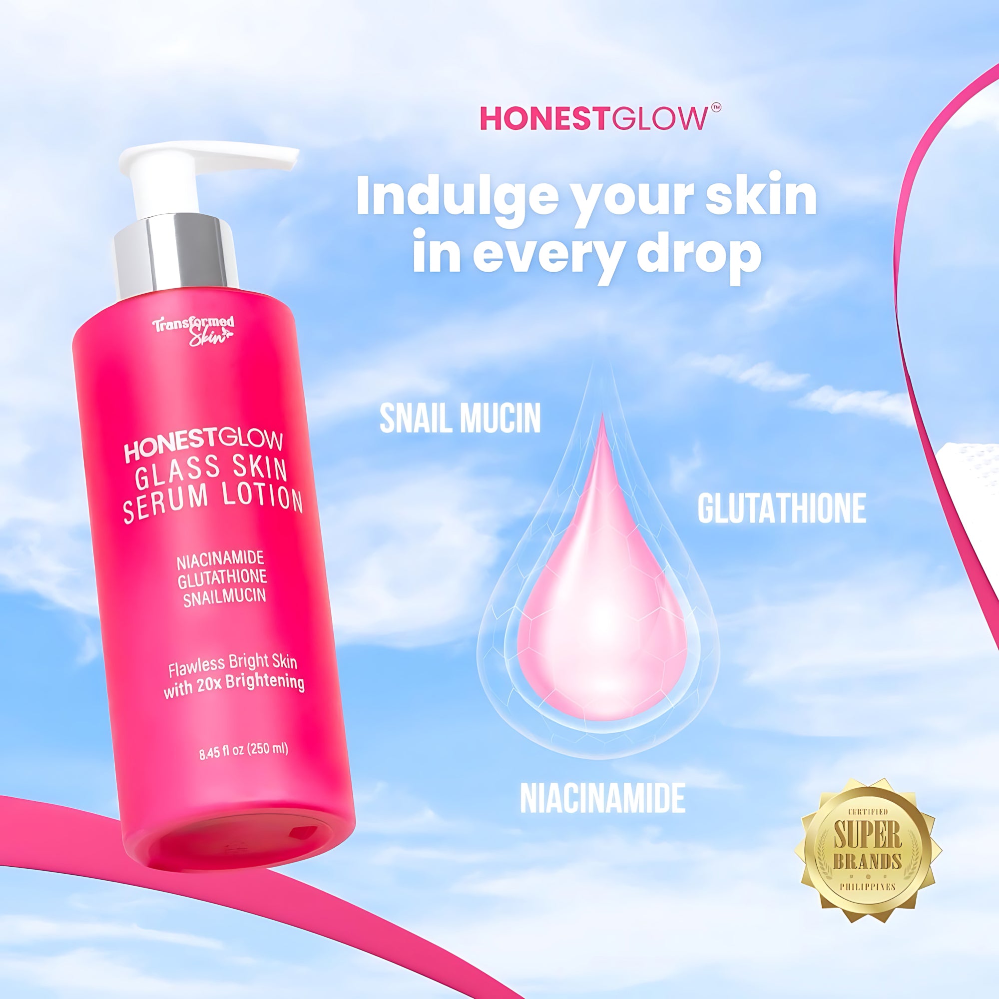 HONESTGLOW Glass Skin Serum Lotion – Niacinamide, Glutathione & Snail Mucin – SPF 50 PA+++(250ml)