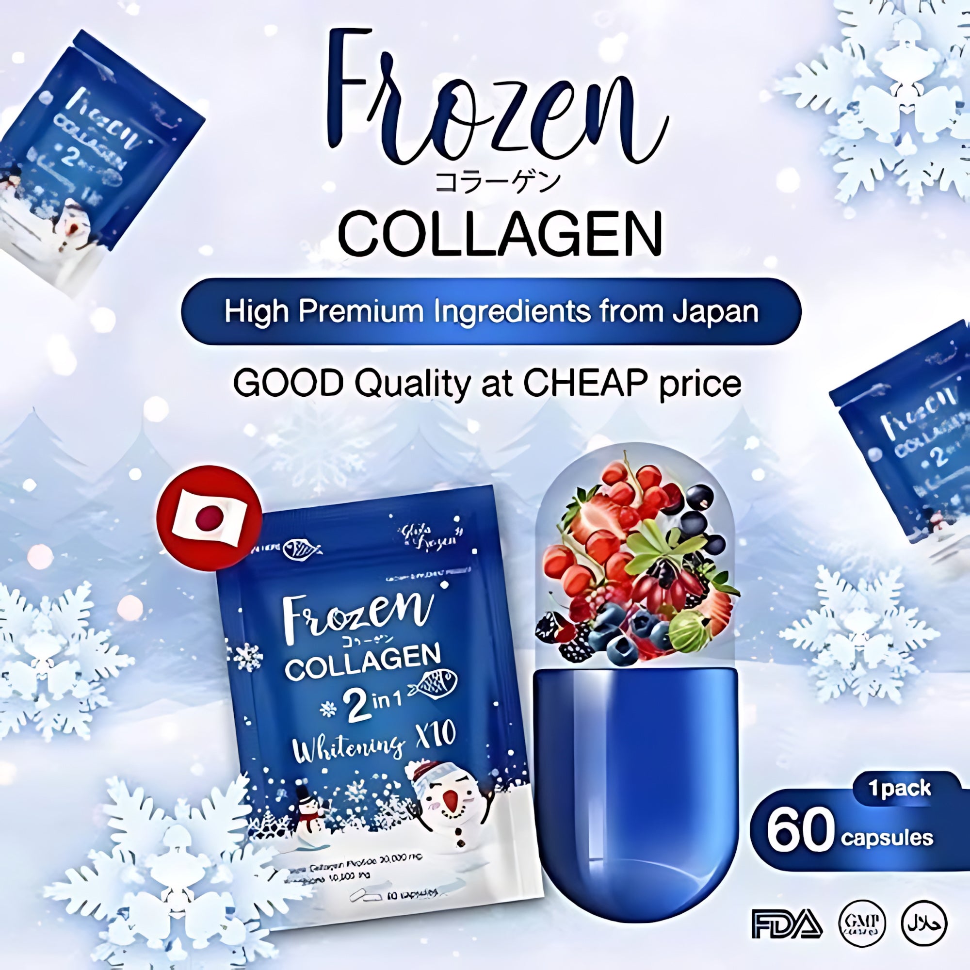 Frozen Collagen 2 in 1 Premium Collagen Supplements - 60 Capsules