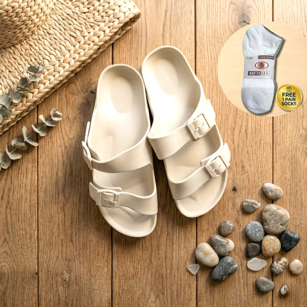 Slipper Double Buckle  EVA Comfort Slides- Unisex style with FREE 1 pair sock