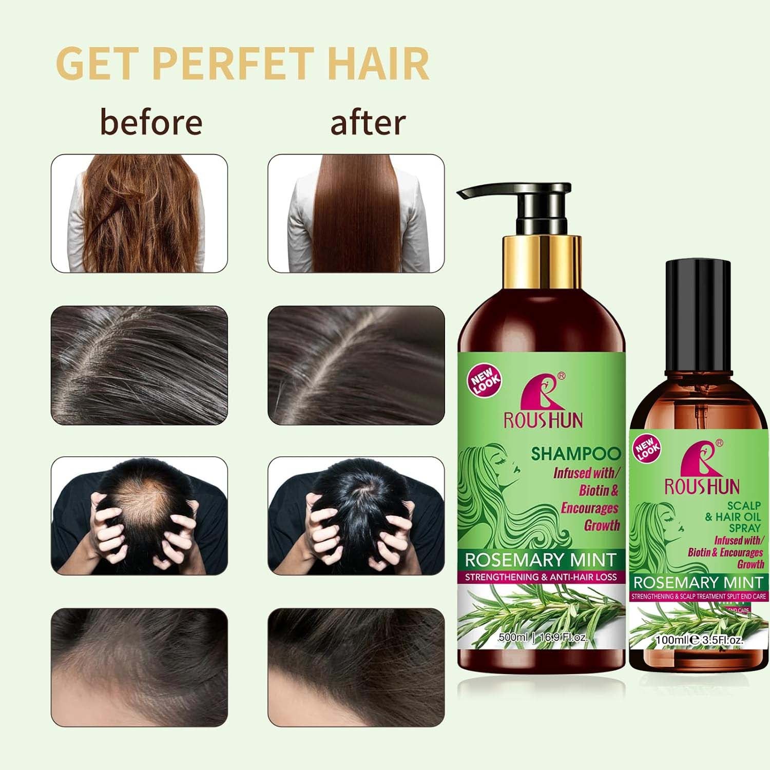 Roushun Rosemary Mint Hair Shampoo & Hair Oil - 500ml + 100ml (Combo)